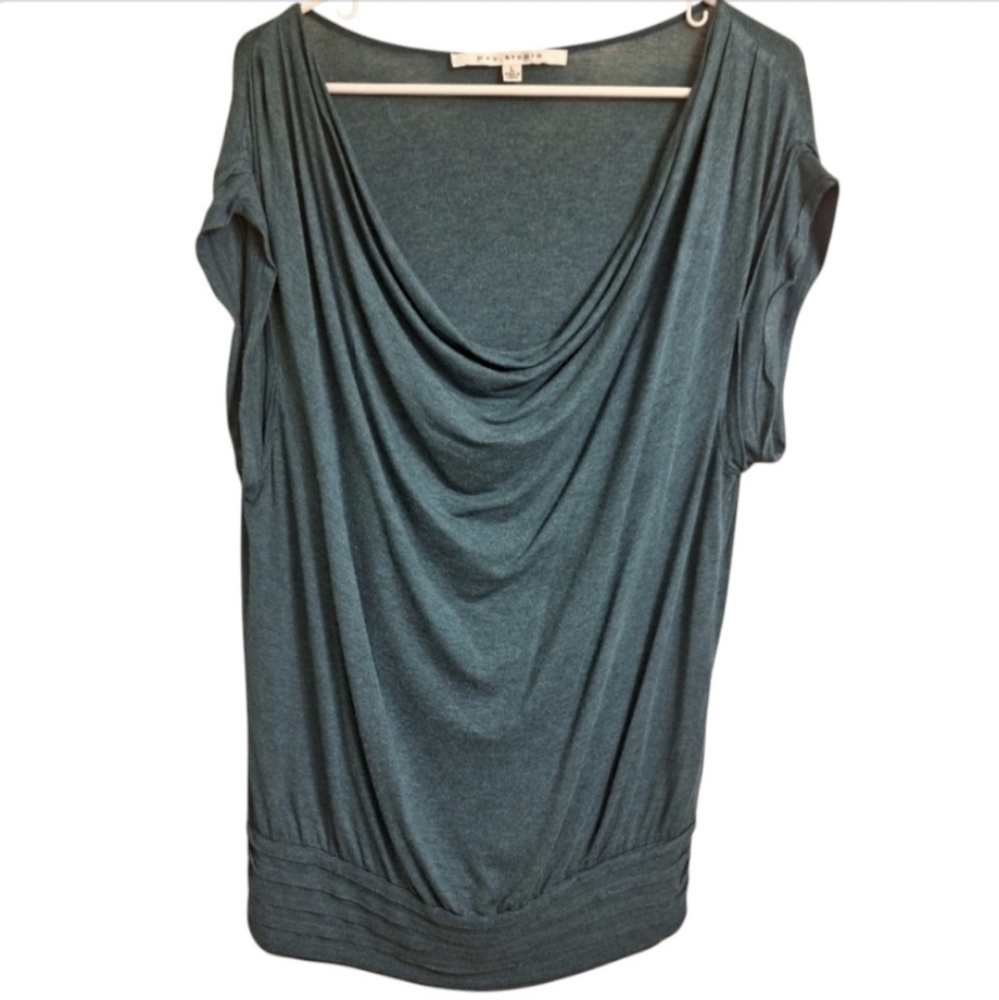❤️Max Studio Women's Size: Large Turquoise Blue Shirt Short Sleeve Top Cowl Neck